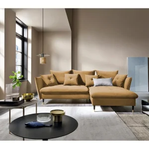 Hoekbank GLAM met slaapfunctie, ottomane & gouden poten – fluwelen bank in glamstijl met sierkussens, 258x167x91cm, Rechterkant PLATINA