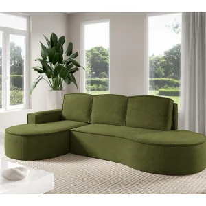 Hoekbank MOLLY met Slaapfunctie – Halfrond, Vrijstaand, Slaapoppervlak 140x207cm, 3 Grote Kussens, Abriamo Stof, 277x157x88cm, Links Groen