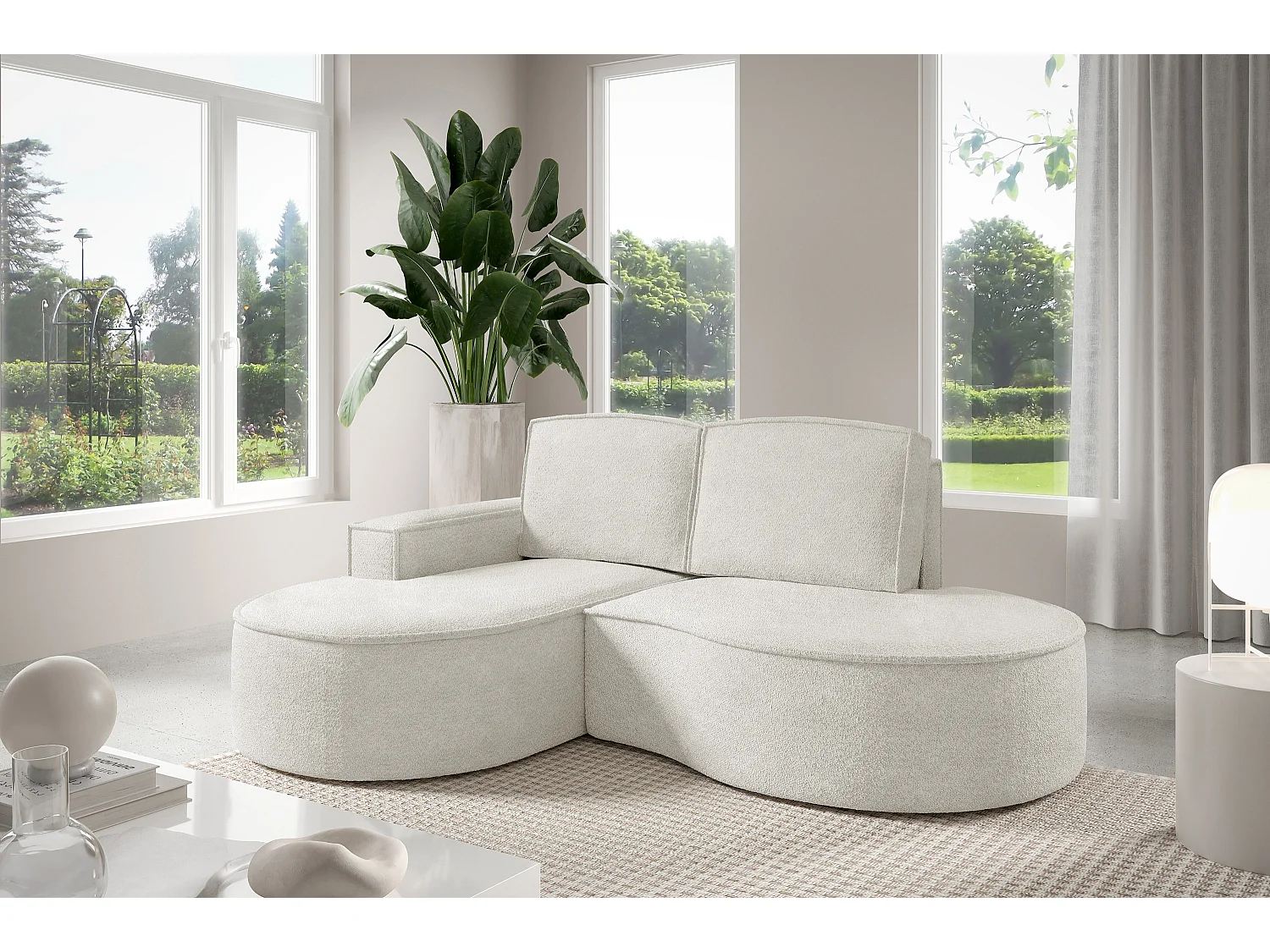 Hoekbank MOLLY – Halfrond, Abriamo-Bouclé, Losse Kussens, Bouclé-bekleding, 210x157x88 cm, Links Wit