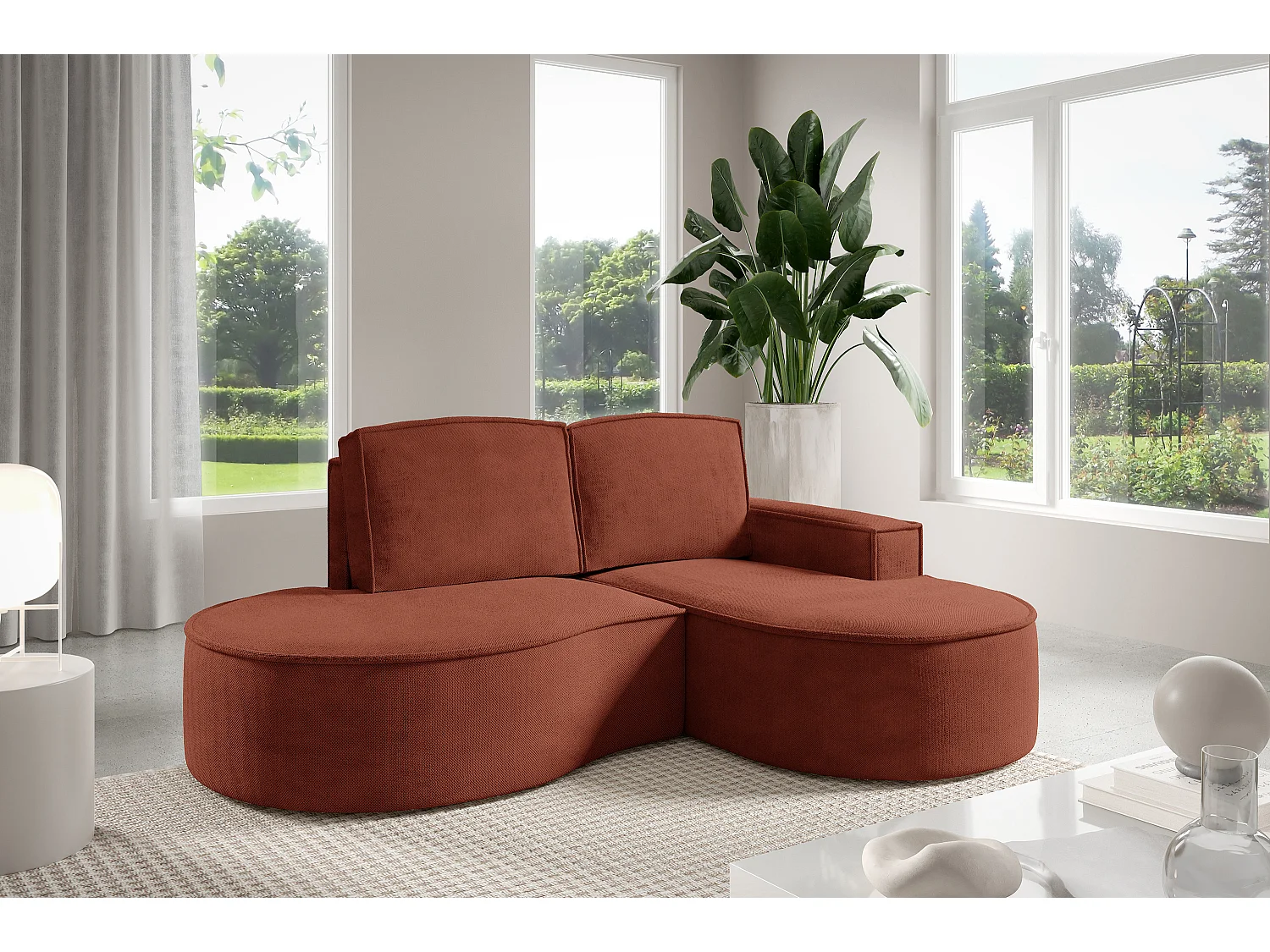 Hoekbank MOLLY Zonder Slaapfunctie – Halfrond, Curio-Bouclé-Stof, Met Losse Rugkussens, Zachte Bouclé-Bekleding, 210x157x88 cm, Rechterzijde Bruin