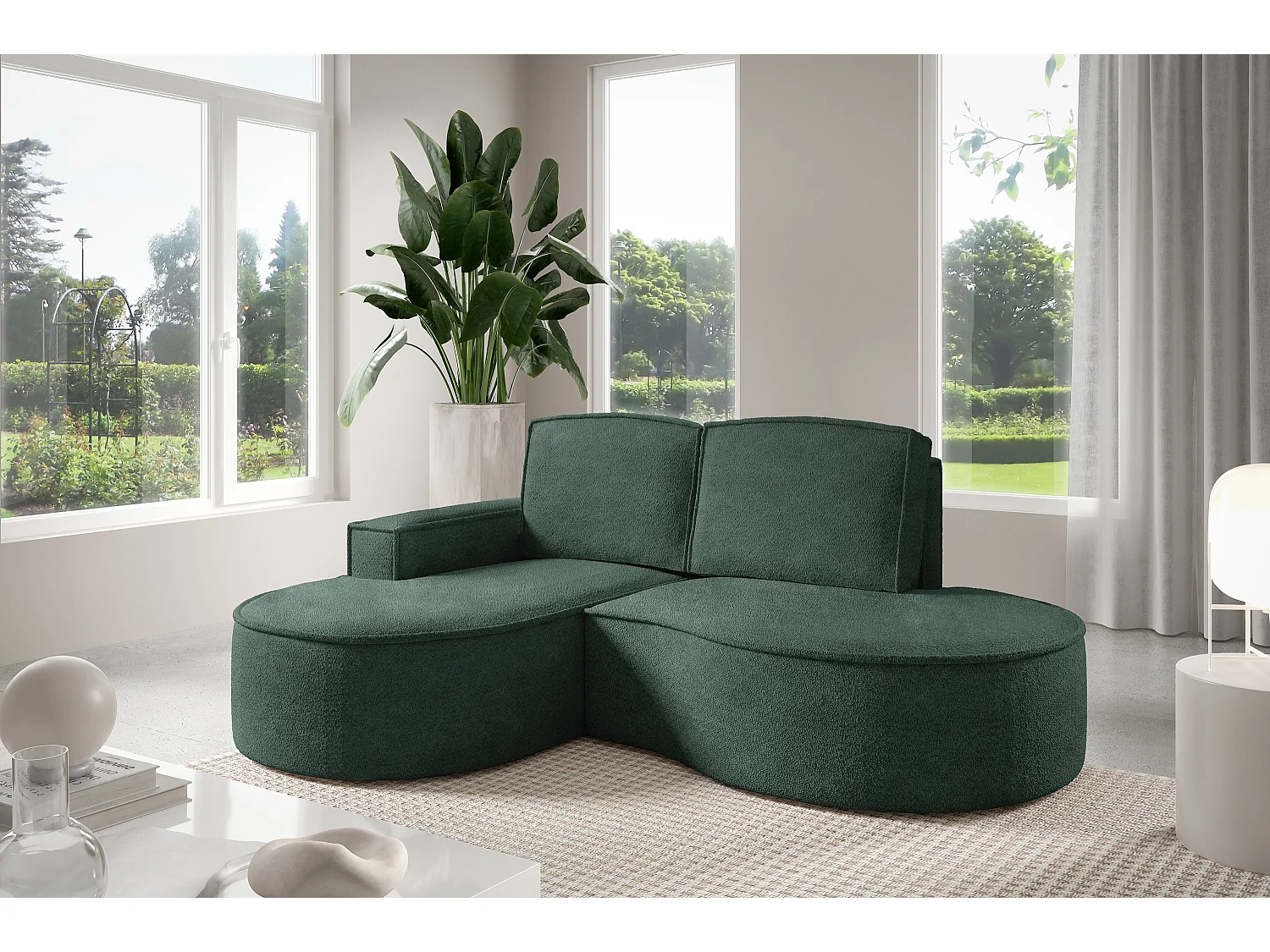 Hoekbank MOLLY – Halfrond, Abriamo-Bouclé, Losse Kussens, Bouclé-bekleding, 210x157x88 cm, Links Groen