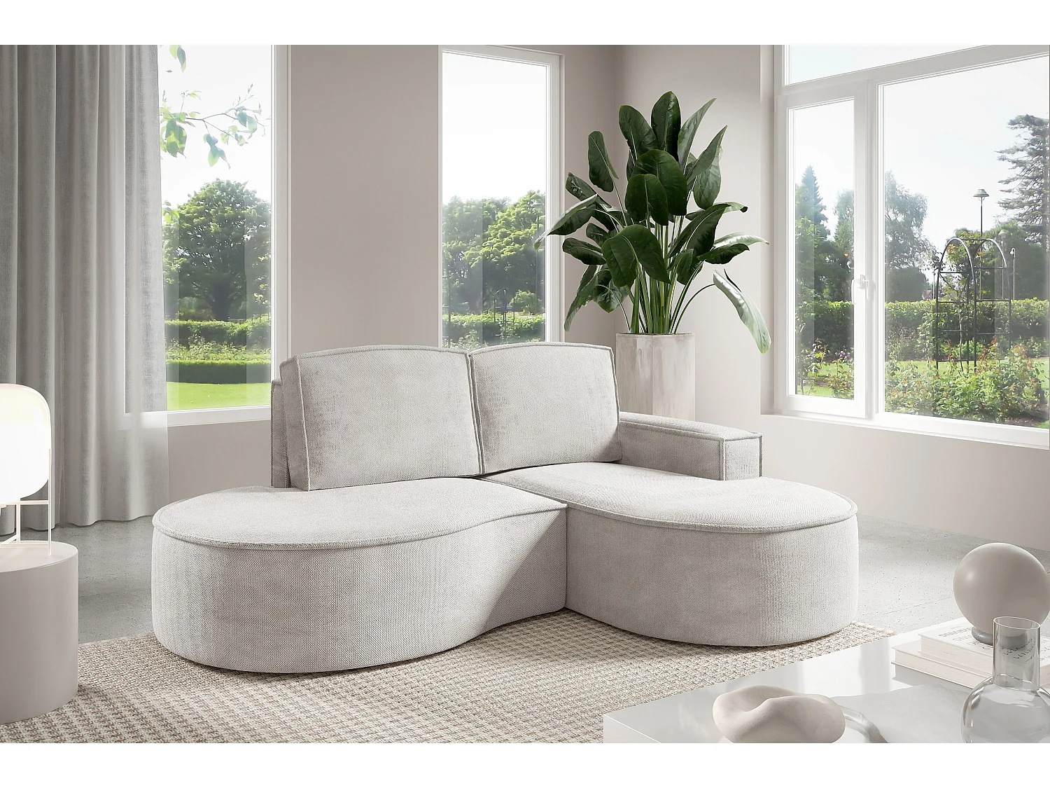Hoekbank MOLLY Zonder Slaapfunctie – Halfrond, Curio-Bouclé-Stof, Met Losse Rugkussens, Zachte Bouclé-Bekleding, 210x157x88 cm, Rechterzijde Wit