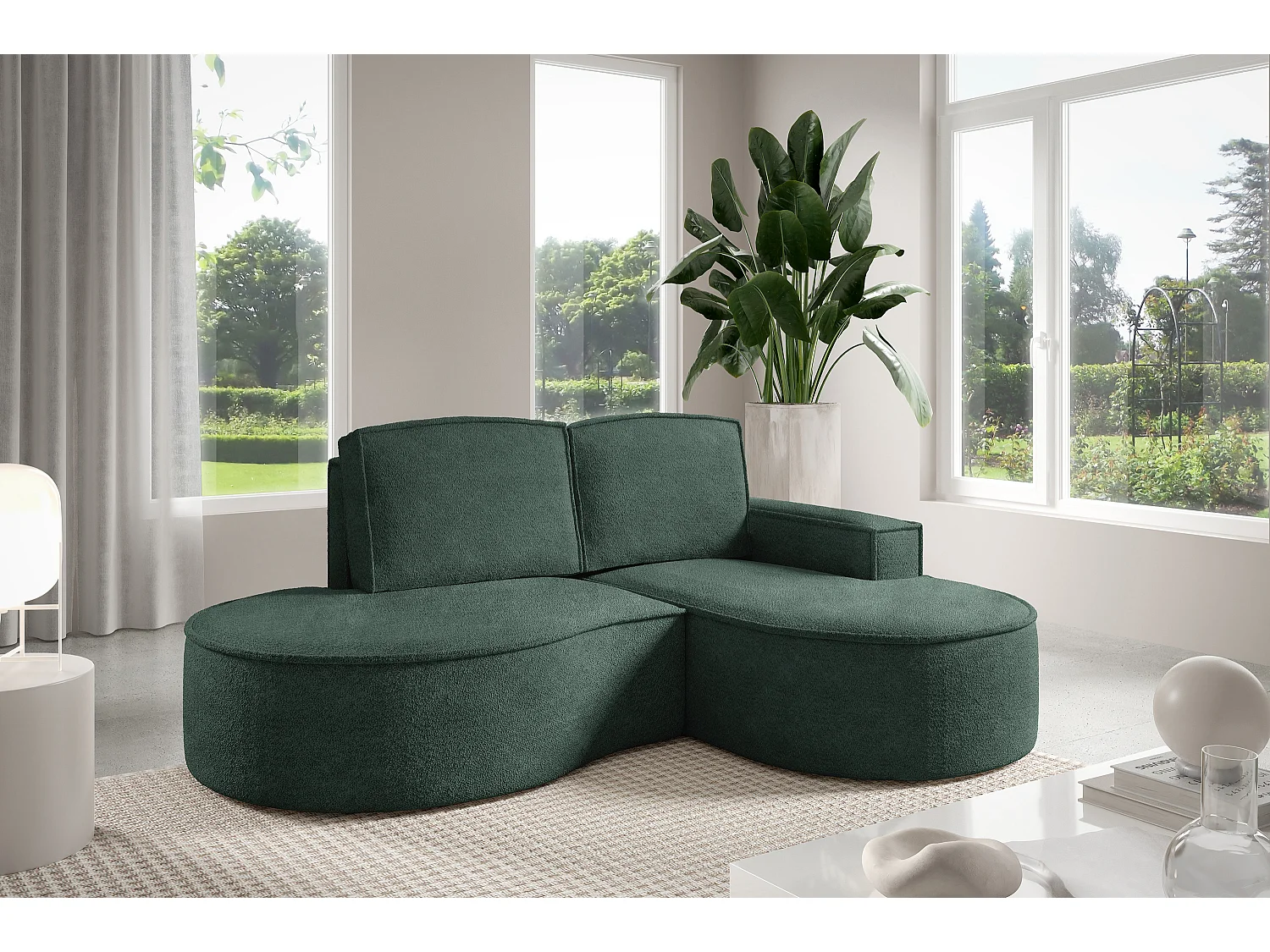 Hoekbank MOLLY – Halfrond, Abriamo-Bouclé, Losse Kussens, Bouclé-bekleding, 210x157x88 cm, Rechts Groen