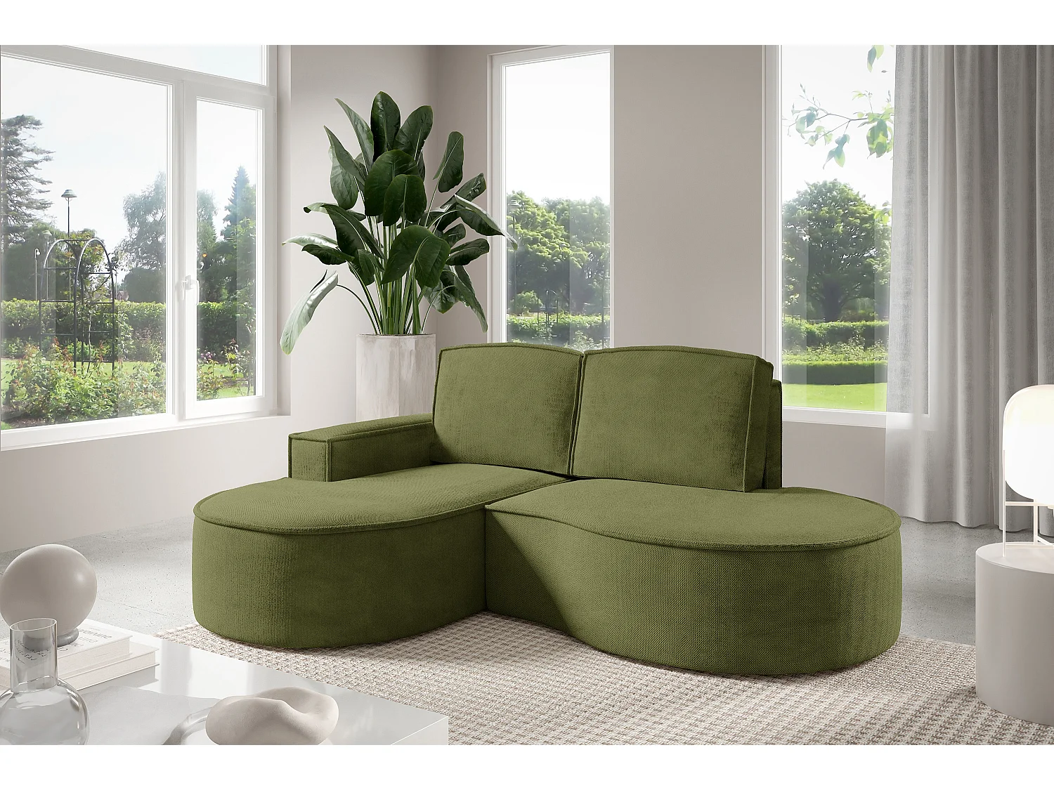 Hoekbank MOLLY Zonder Slaapfunctie – Halfrond, Curio-Bouclé-Stof, Met Losse Rugkussens, Zachte Bouclé-Bekleding, 210x157x88 cm, Linkerzijde Groen