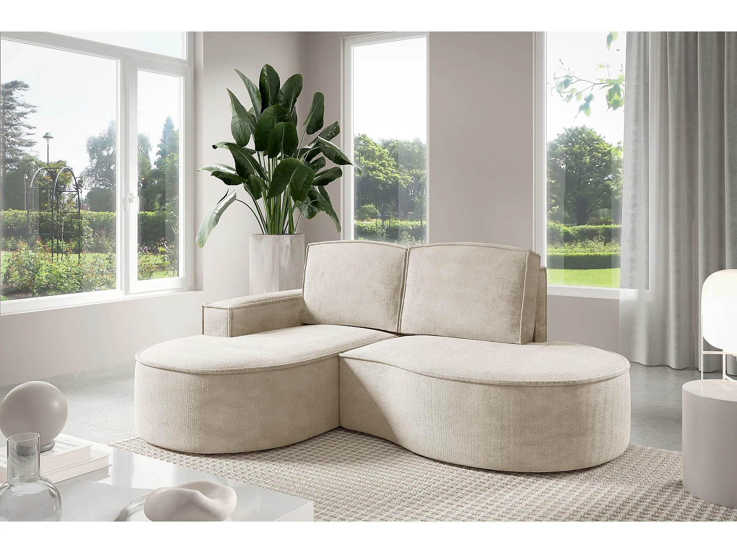 Hoekbank MOLLY Zonder Slaapfunctie – Halfrond, Curio-Bouclé-Stof, Met Losse Rugkussens, Zachte Bouclé-Bekleding, 210x157x88 cm, Linkerzijde Beige