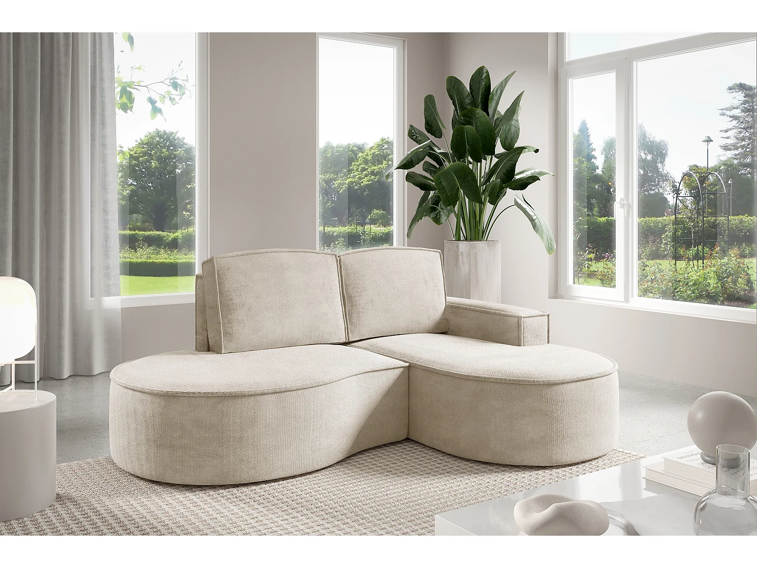 Hoekbank MOLLY Zonder Slaapfunctie – Halfrond, Curio-Bouclé-Stof, Met Losse Rugkussens, Zachte Bouclé-Bekleding, 210x157x88 cm, Rechterzijde Beige