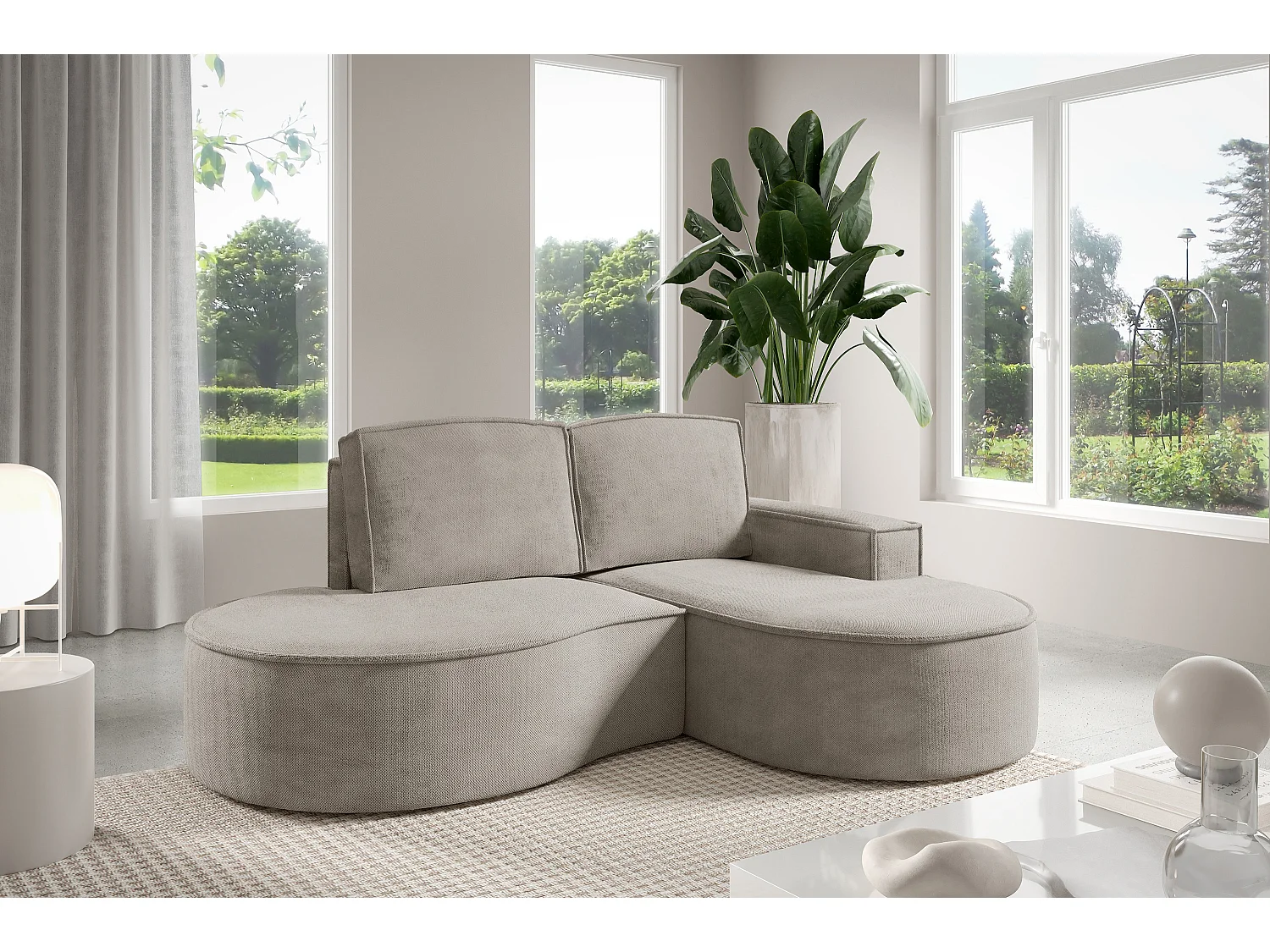 Hoekbank MOLLY Zonder Slaapfunctie – Halfrond, Curio-Bouclé-Stof, Met Losse Rugkussens, Zachte Bouclé-Bekleding, 210x157x88 cm, Rechterzijde Es