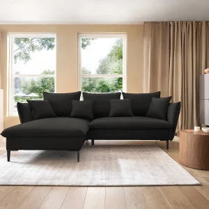 Hoekbank GLOSS met slaapfunctie, ottomane & gouden poten – fluwelen bank in GLOSSstijl met sierkussens, 258x167x91cm, Linkerkant BEIGE