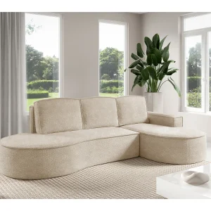 Hoekbank MOLLY met Slaapfunctie – Halfrond, Vrijstaand, Slaapoppervlak 140x207cm, 3 Grote Kussens, Curio Stof, 277x157x88cm, Rechts Beige
