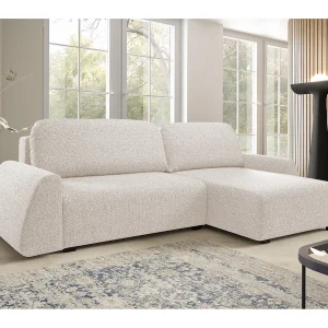 Hoekbank ALMI 160×275 cm, slaapfunctie, opbergruimte, golfveren, comfortabel zitvlak, elegant design, rechterzijde, beige