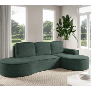 Hoekbank MOLLY met Slaapfunctie – Halfrond, Vrijstaand, Slaapoppervlak 140x207cm, 3 Grote Kussens, Curio Stof, 277x157x88cm, Rechts Groen