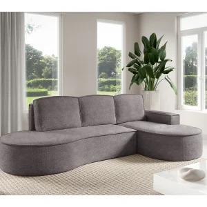 Hoekbank MOLLY met Slaapfunctie – Halfrond, Vrijstaand, Slaapoppervlak 140x207cm, 3 Grote Kussens, Curio Stof, 277x157x88cm, Rechts Zijdegrijs