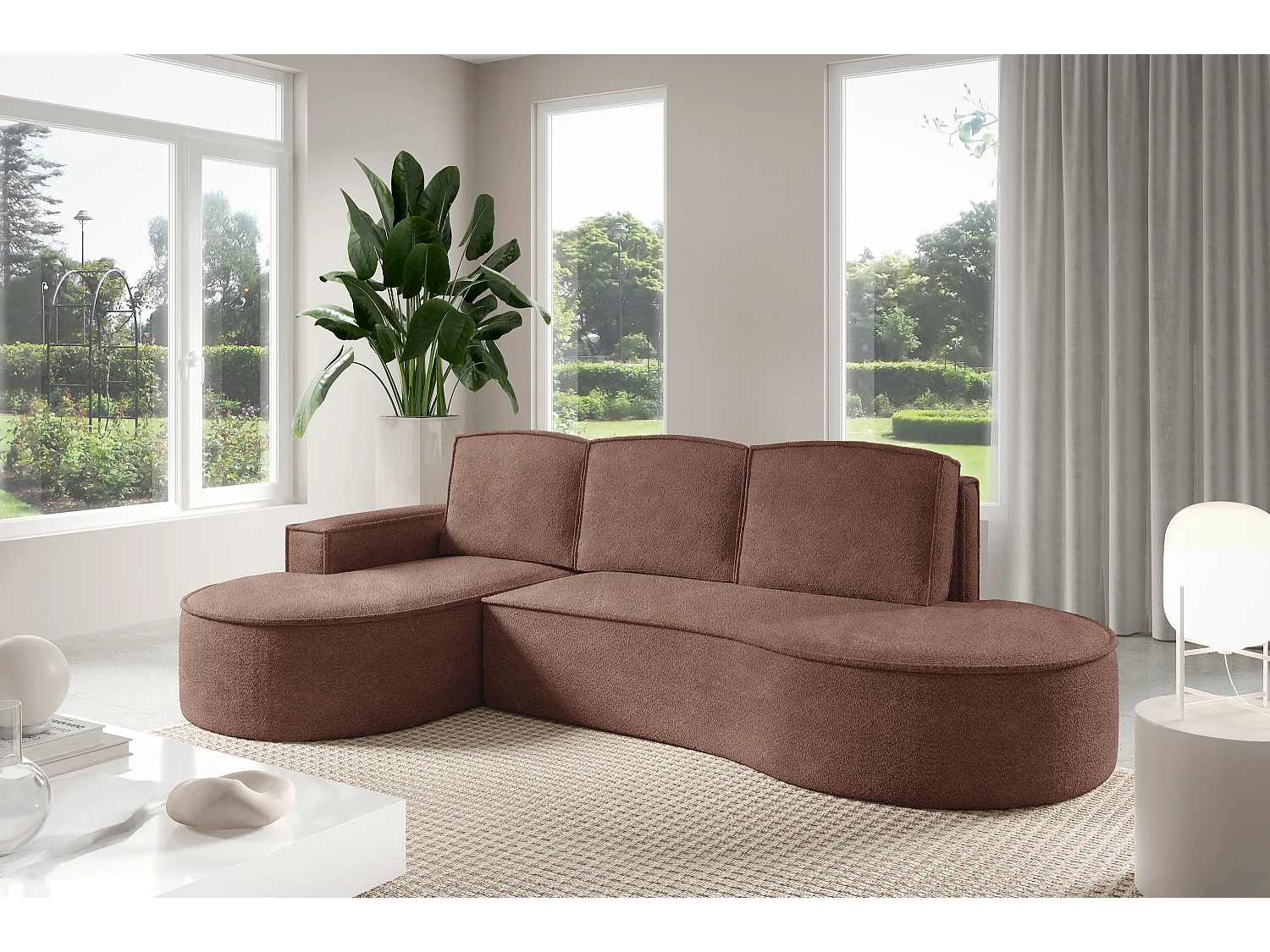 Hoekbank MOLLY met Slaapfunctie – Halfrond, Vrijstaand, Slaapoppervlak 140x207cm, 3 Grote Kussens, Abriamo Stof, 277x157x88cm, Links Bruin