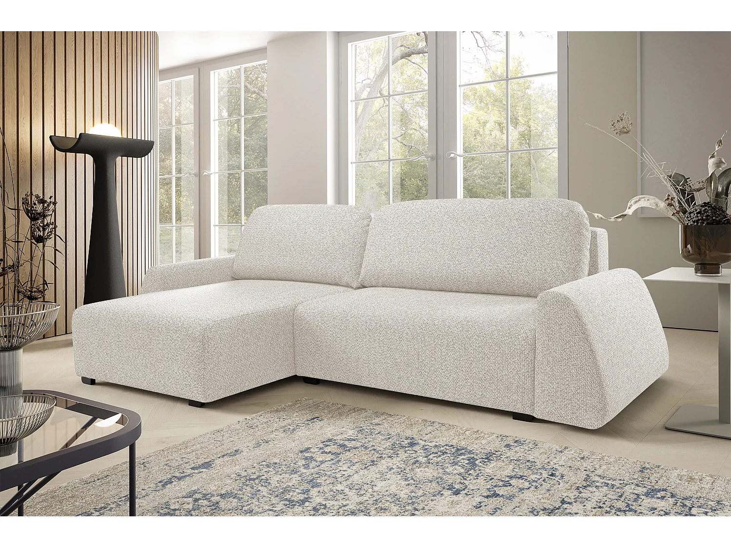 Hoekbank ALMI 160x275 cm, slaapfunctie, opbergruimte, golfveren, comfortabel zitvlak, elegant design, linkerzijde, wit