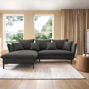 Hoekbank GLOSS met slaapfunctie, ottomane & gouden poten – fluwelen bank in GLOSSstijl met sierkussens, 258x167x91cm, Linkerkant ZWART