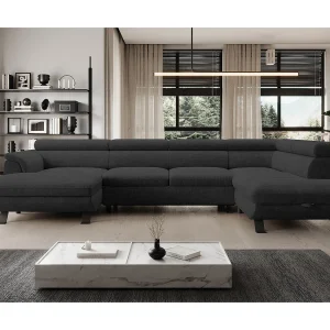 Hoekbank RAVEN XL met slaapfunctie, uittrekbed, verstelbare hoofdsteunen, opbergruimte, 334x198x162cm Rechts Antraciet Hoekbank RAVEN XL met slaapfunctie, uittrekbed, verstelbare hoofdsteunen, opbergruimte, 334x198x162cm Rechts Antraciet