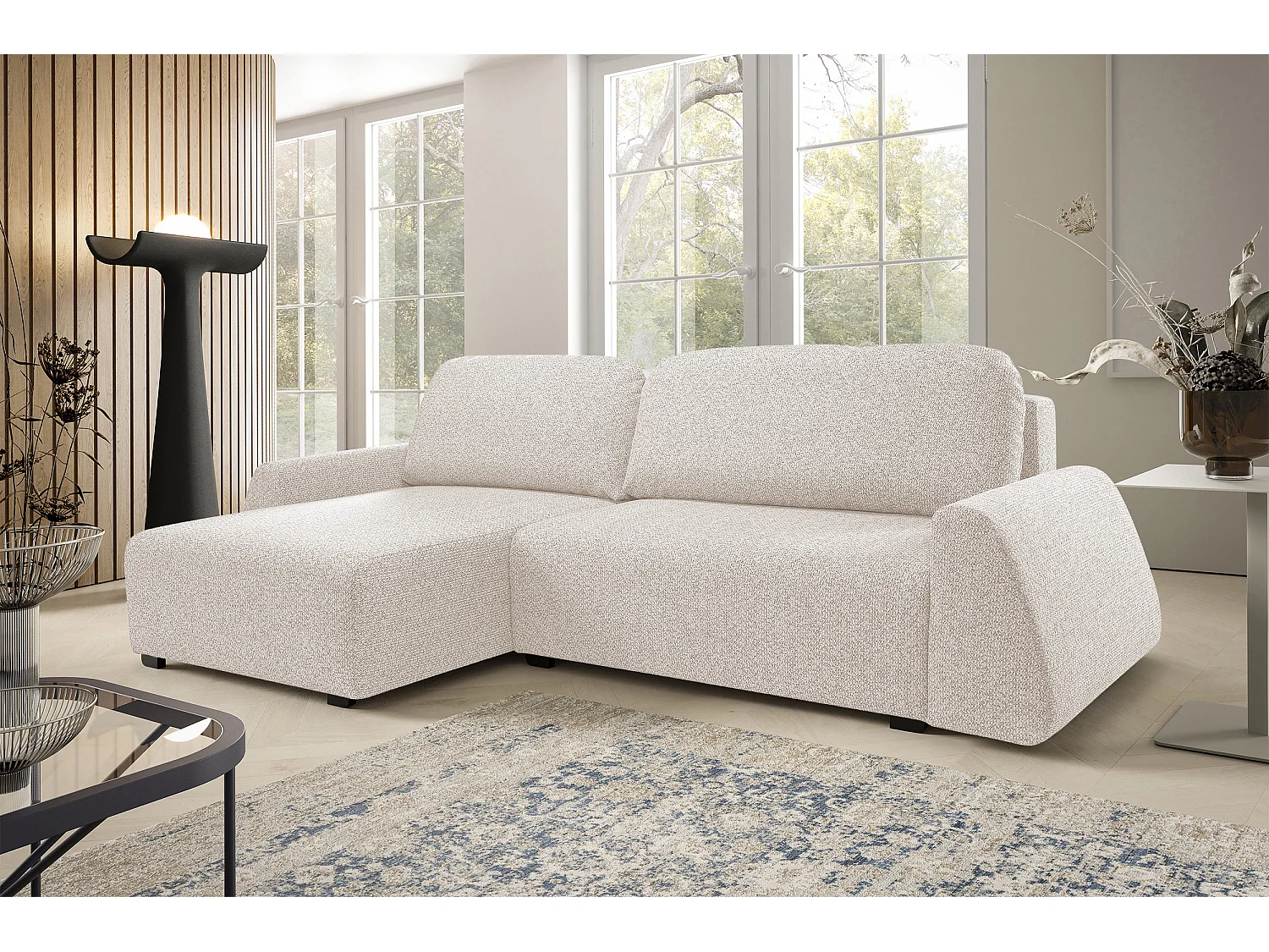 Hoekbank ALMI 160x275 cm, slaapfunctie, opbergruimte, golfveren, comfortabel zitvlak, elegant design, linkerzijde, beige
