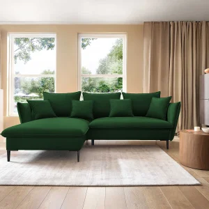 Hoekbank GLOSS met slaapfunctie, ottomane & gouden poten – fluwelen bank in GLOSSstijl met sierkussens, 258x167x91cm, Linkerkant BURGUNDY