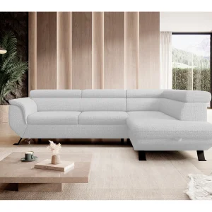 Gestoffeerde hoekbankRAVEN L met bedfunctie, bedruimte separaat, gestoffeerd met verstelbare hoofdsteunen 257x198x96 cm Rechts Wit