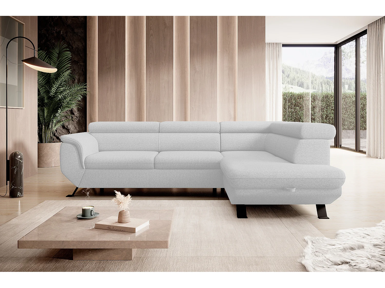 Gestoffeerde hoekbankRAVEN L met bedfunctie, bedruimte separaat, gestoffeerd met verstelbare hoofdsteunen 257x198x96 cm Rechts Wit