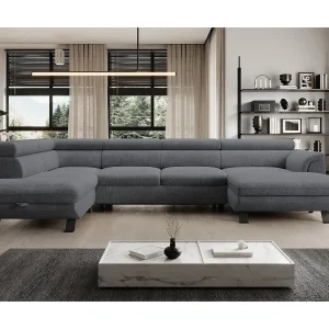 Hoekbank RAVEN XL met slaapfunctie, uittrekbed, verstelbare hoofdsteunen, opbergruimte, 334x198x162cm Links Staal Hoekbank RAVEN XL met slaapfunctie, uittrekbed, verstelbare hoofdsteunen, opbergruimte, 334x198x162cm Links Staal