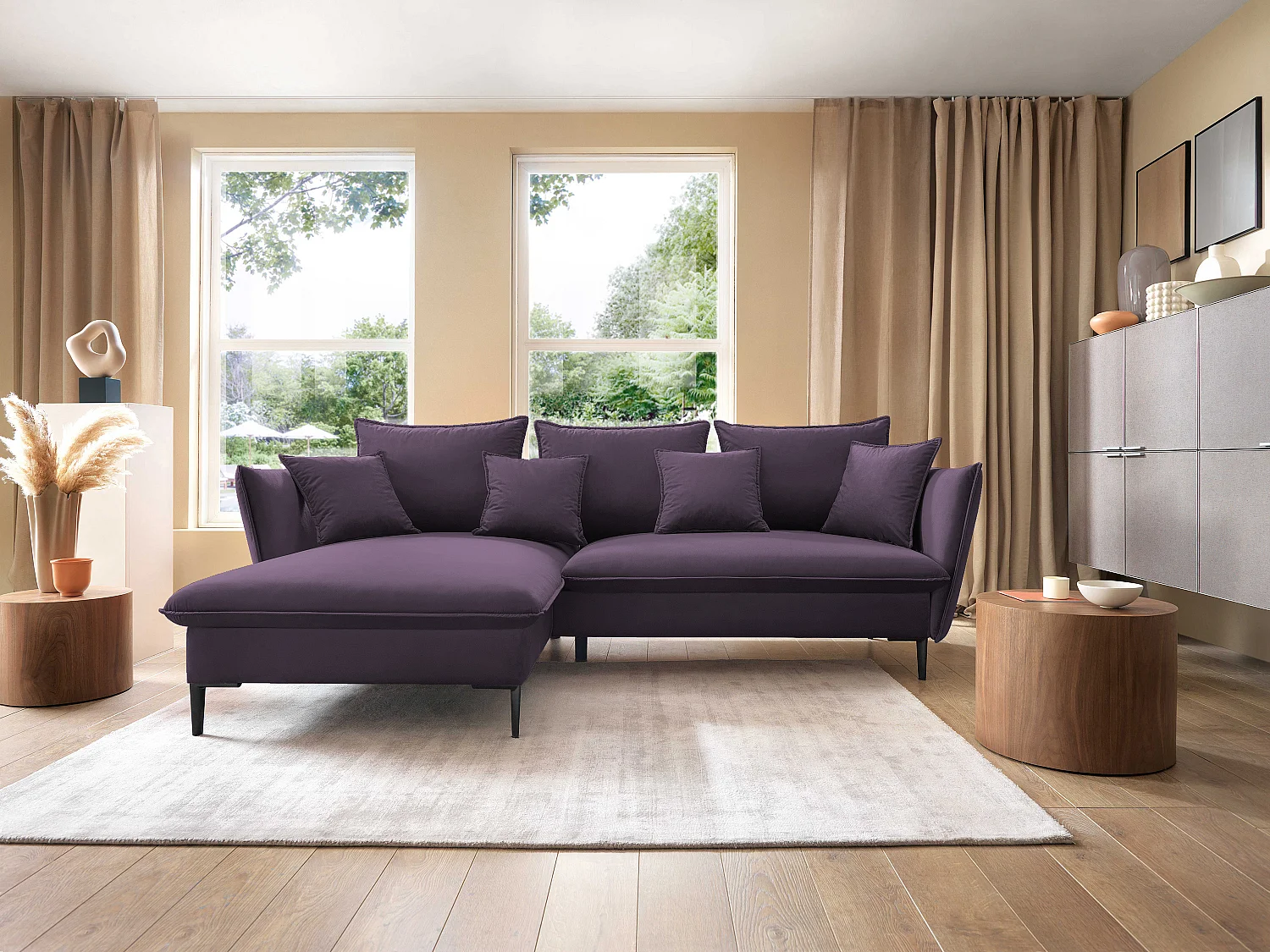 Hoekbank GLOSS met slaapfunctie, ottomane & gouden poten – fluwelen bank in GLOSSstijl met sierkussens, 258x167x91cm, Linkerkant LICHTGRIJS