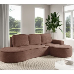 Hoekbank MOLLY met Slaapfunctie – Halfrond, Vrijstaand, Slaapoppervlak 140x207cm, 3 Grote Kussens, Curio Stof, 277x157x88cm, Rechts Bruin