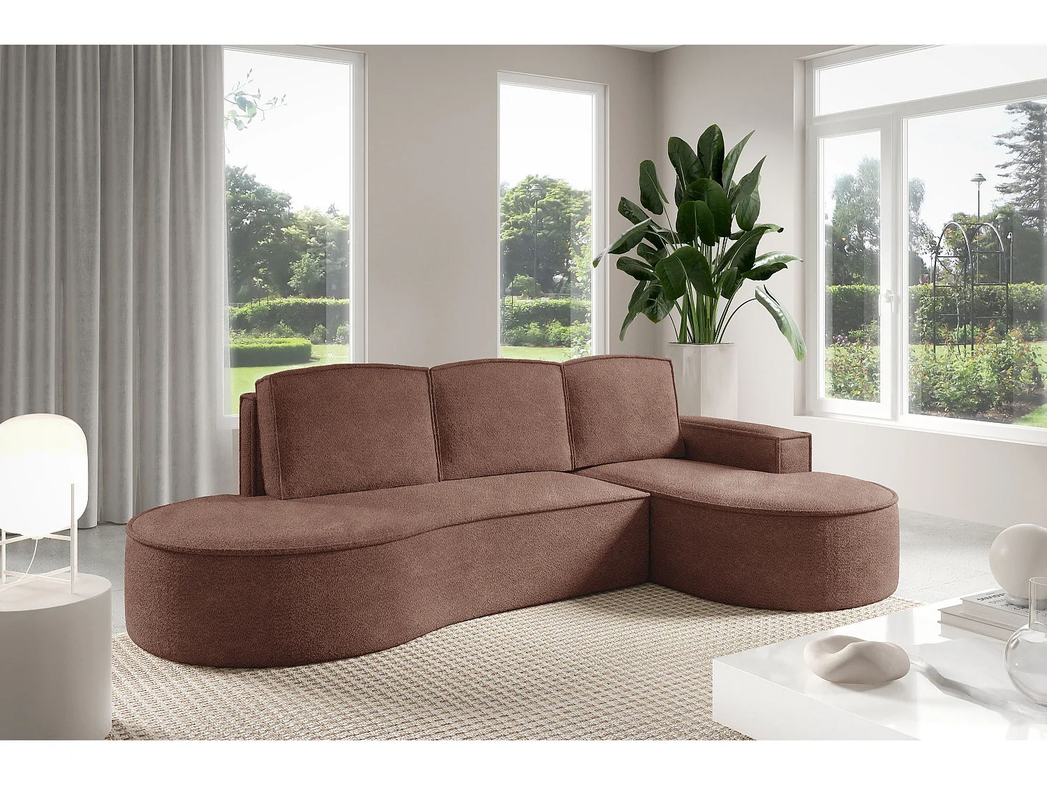 Hoekbank MOLLY met Slaapfunctie – Halfrond, Vrijstaand, Slaapoppervlak 140x207cm, 3 Grote Kussens, Curio Stof, 277x157x88cm, Rechts Bruin