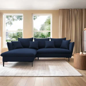 Hoekbank GLOSS met slaapfunctie, ottomane & gouden poten – fluwelen bank in GLOSSstijl met sierkussens, 258x167x91cm, Linkerkant DONKERGRIJS