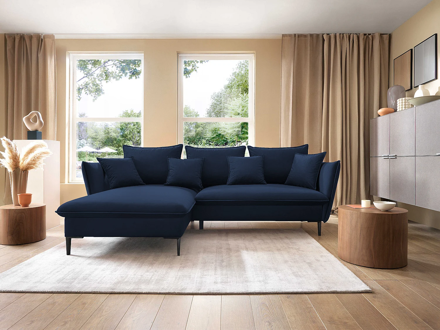Hoekbank GLOSS met slaapfunctie, ottomane & gouden poten – fluwelen bank in GLOSSstijl met sierkussens, 258x167x91cm, Linkerkant DONKERGRIJS