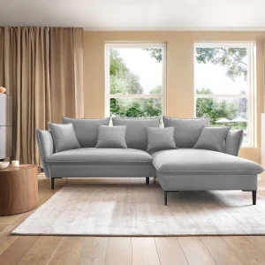 Hoekbank GLOSS met slaapfunctie, ottomane & gouden poten – fluwelen bank in GLOSSstijl met sierkussens, 258x167x91cm, Rechterkant GRIJS