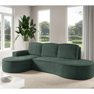 Hoekbank MOLLY met Slaapfunctie – Halfrond, Vrijstaand, Slaapoppervlak 140x207cm, 3 Grote Kussens, Abriamo Stof, 277x157x88cm, Links Groen