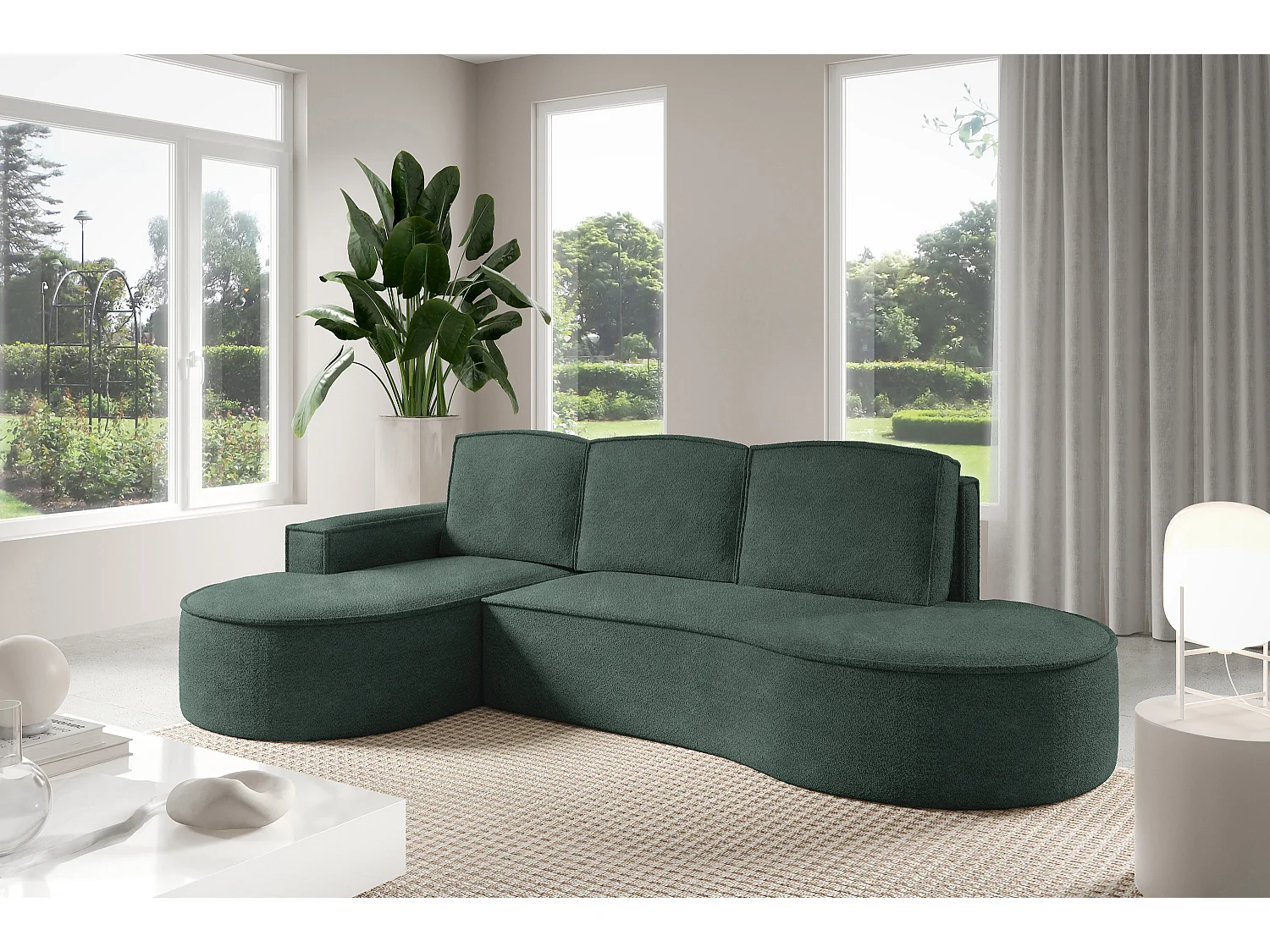 Hoekbank MOLLY met Slaapfunctie – Halfrond, Vrijstaand, Slaapoppervlak 140x207cm, 3 Grote Kussens, Abriamo Stof, 277x157x88cm, Links Groen