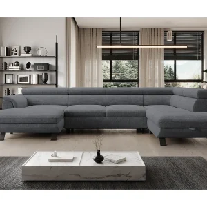 Hoekbank RAVEN XL met slaapfunctie, uittrekbed, verstelbare hoofdsteunen, opbergruimte, 334x198x162cm Rechts Staal Hoekbank RAVEN XL met slaapfunctie, uittrekbed, verstelbare hoofdsteunen, opbergruimte, 334x198x162cm Rechts Staal