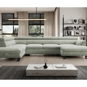 Hoekbank RAVEN XL met slaapfunctie, uittrekbed, verstelbare hoofdsteunen, opbergruimte, 334x198x162cm Links Zand Hoekbank RAVEN XL met slaapfunctie, uittrekbed, verstelbare hoofdsteunen, opbergruimte, 334x198x162cm Links Zand