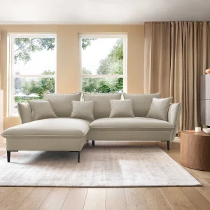 Hoekbank GLOSS met slaapfunctie, ottomane & gouden poten – fluwelen bank in GLOSSstijl met sierkussens, 258x167x91cm, Linkerkant PLATINA