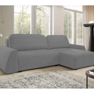 Hoekbank ALMI 160×275 cm, slaapfunctie, opbergruimte, golfveren, comfortabel zitvlak, elegant design, rechterzijde, zilver
