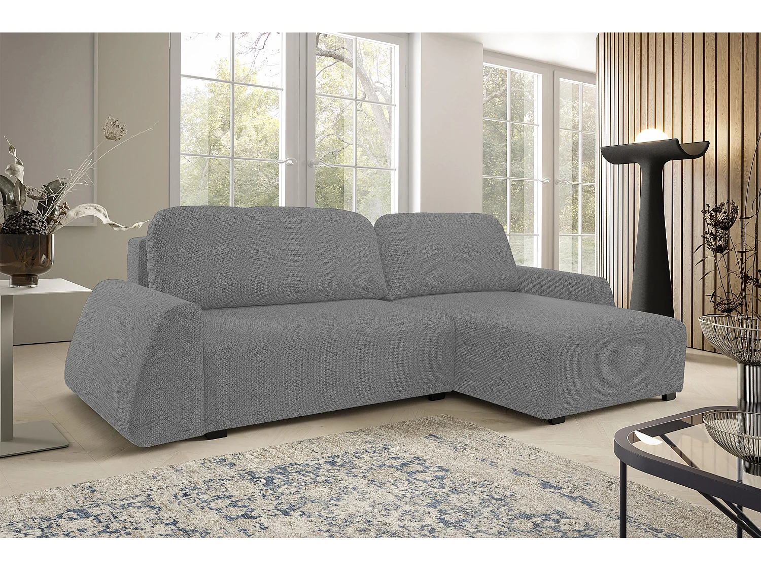 Hoekbank ALMI 160x275 cm, slaapfunctie, opbergruimte, golfveren, comfortabel zitvlak, elegant design, rechterzijde, zilver