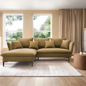 Hoekbank GLOSS met slaapfunctie, ottomane & gouden poten – fluwelen bank in GLOSSstijl met sierkussens, 258x167x91cm, Linkerkant PAARS