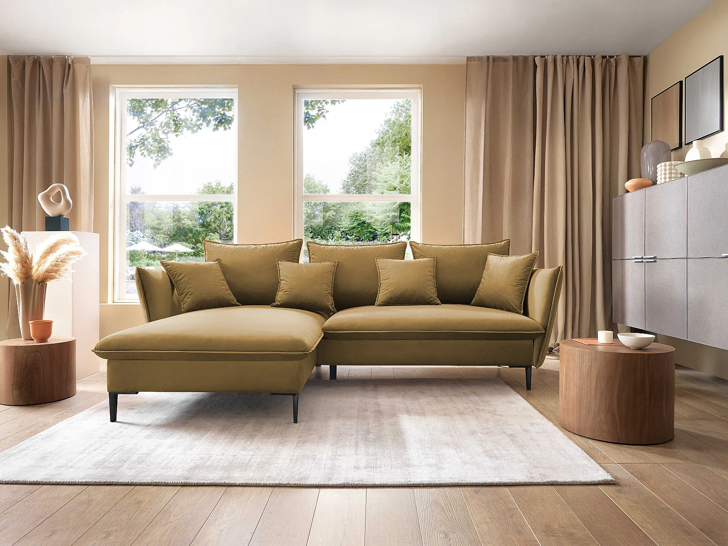 Hoekbank GLOSS met slaapfunctie, ottomane & gouden poten – fluwelen bank in GLOSSstijl met sierkussens, 258x167x91cm, Linkerkant PAARS