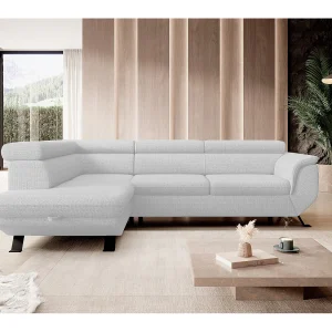 Gestoffeerde hoekbankRAVEN L met bedfunctie, bedruimte separaat, gestoffeerd met verstelbare hoofdsteunen 257x198x96 cm Linkerzijde Wit Gestoffeerde hoekbankRAVEN L met bedfunctie, bedruimte separaat, gestoffeerd met verstelbare hoofdsteunen 257x198x96 cm Linkerzijde Wit