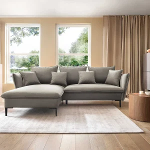Hoekbank GLOSS met slaapfunctie, ottomane & gouden poten – fluwelen bank in GLOSSstijl met sierkussens, 258x167x91cm, Linkerkant GROEN