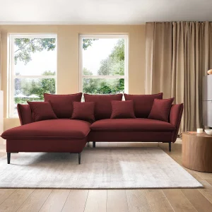 Hoekbank GLOSS met slaapfunctie, ottomane & gouden poten – fluwelen bank in GLOSSstijl met sierkussens, 258x167x91cm, Linkerkant MUNT