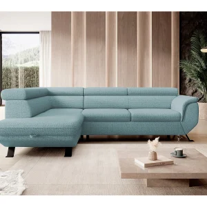 Gestoffeerde hoekbankRAVEN L met bedfunctie, bedruimte separaat, gestoffeerd met verstelbare hoofdsteunen 257x198x96 cm Links Lichtblauw Gestoffeerde hoekbankRAVEN L met bedfunctie, bedruimte separaat, gestoffeerd met verstelbare hoofdsteunen 257x198x96 cm Links Lichtblauw