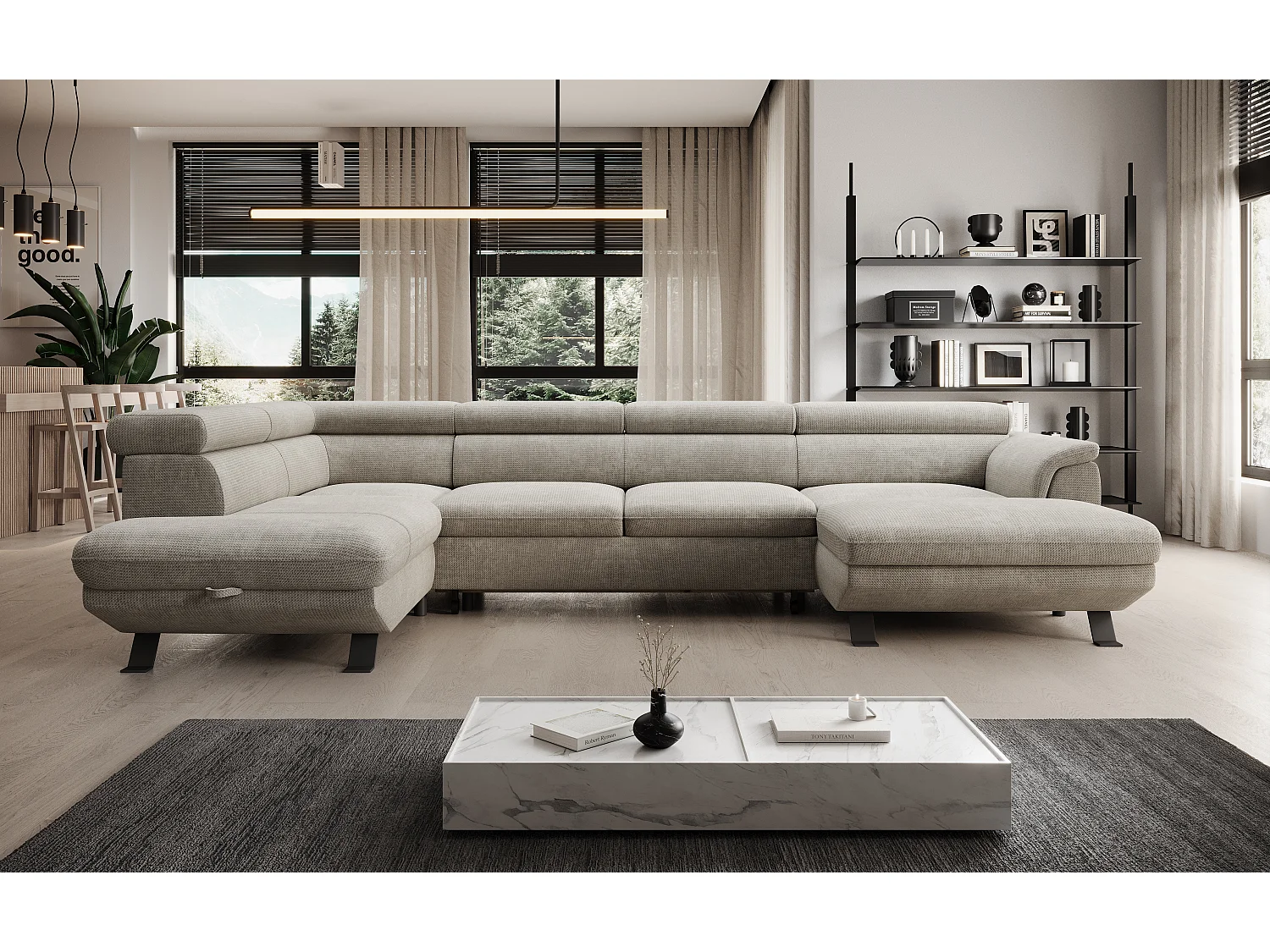 Hoekbank RAVEN XL met slaapfunctie, uittrekbed, verstelbare hoofdsteunen, opbergruimte, 334x198x162cm Links Nata