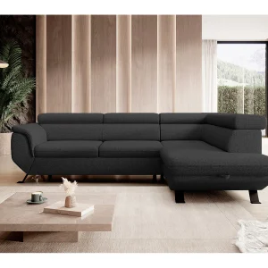 Gestoffeerde hoekbankRAVEN L met bedfunctie, bedruimte separaat, gestoffeerd met verstelbare hoofdsteunen 257x198x96 cm Rechterzijde Zwart