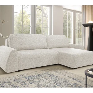 Hoekbank ALMI 160×275 cm, slaapfunctie, opbergruimte, golfveren, comfortabel zitvlak, elegant design, rechterzijde, wit