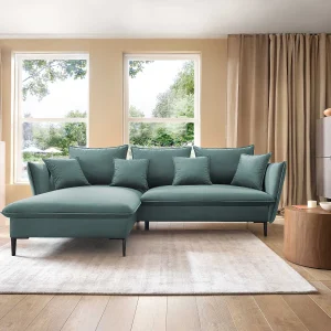 Hoekbank GLOSS met slaapfunctie, ottomane & gouden poten – fluwelen bank in GLOSSstijl met sierkussens, 258x167x91cm, Linkerkant BLAUW