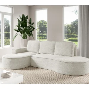 Hoekbank MOLLY met Slaapfunctie – Halfrond, Vrijstaand, Slaapoppervlak 140x207cm, 3 Grote Kussens, Abriamo Stof, 277x157x88cm, Links Wit
