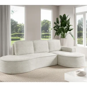 Hoekbank MOLLY met Slaapfunctie – Halfrond, Vrijstaand, Slaapoppervlak 140x207cm, 3 Grote Kussens, Curio Stof, 277x157x88cm, Rechts Wit